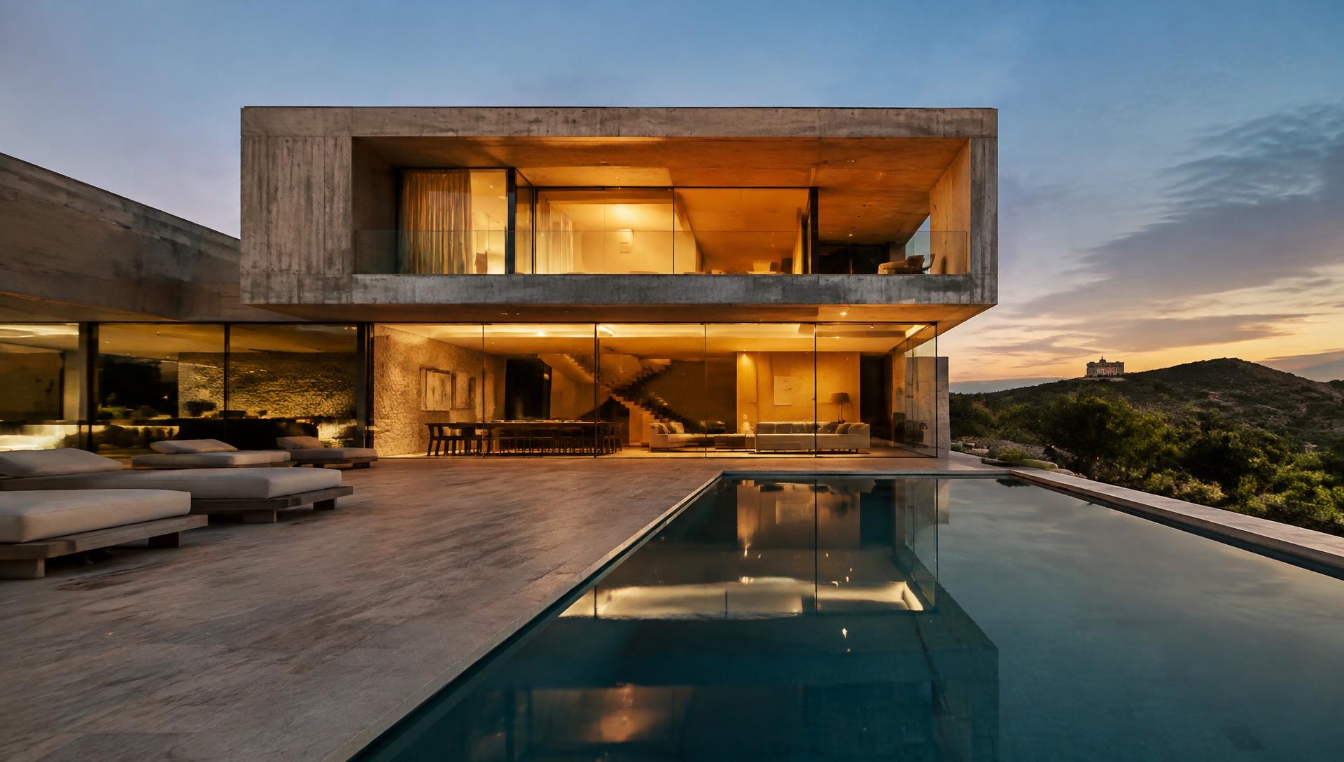 Modern betonvilla alkonyatkor medencével